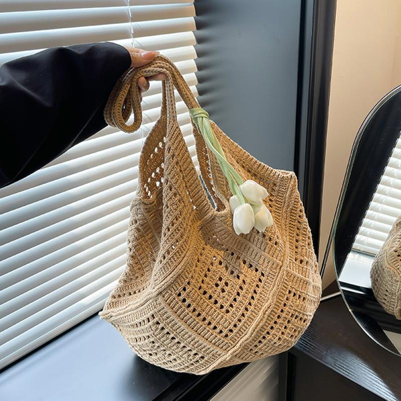 New Trend Women's Bag Crochet Handbag Retro Knitted Solid Color Hollow Top-handle Tote Bag Travel Shopper Shoulder Bag CLE