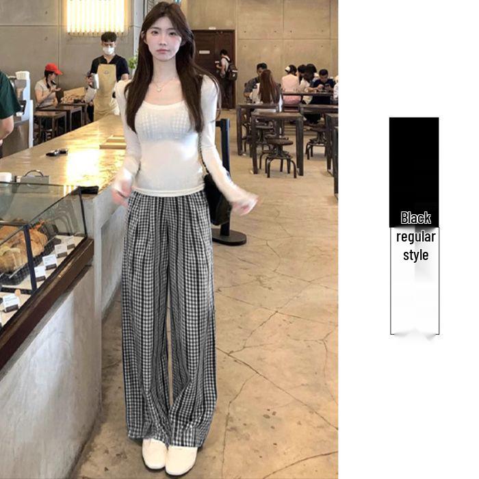 

Женские красные клетчатые брюки с высокой талией и широкими штанинами 2025 - Повседневные брюки в пол для весны, лета и осени Extra Large чёрный