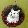 Metal Cat Wind Spinner with Flowing Ribbons Outdoor Garden Stake Decoration for All Seasons Home Yard Indoor Decor White Cat Red Accents