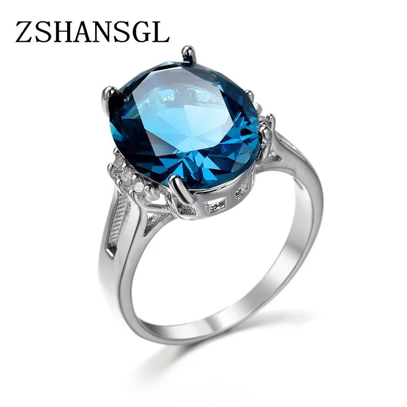 Fashion Women   Sterling Silver Oval Dazzling Blue Zircon Crystal Rings Size 6-10 Female  Anillos Wholesale