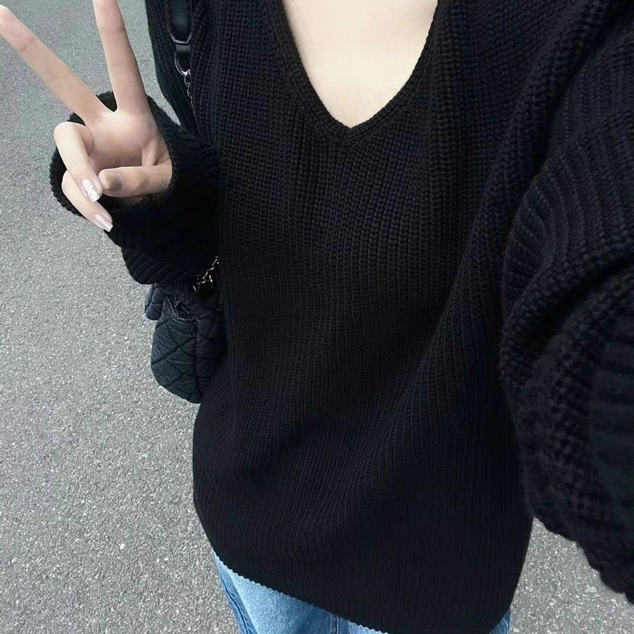 

Ранний осенний черный свитер с V-образным вырезом для женщин Уникальный и нишевый вязаный топ для осени и зимы L