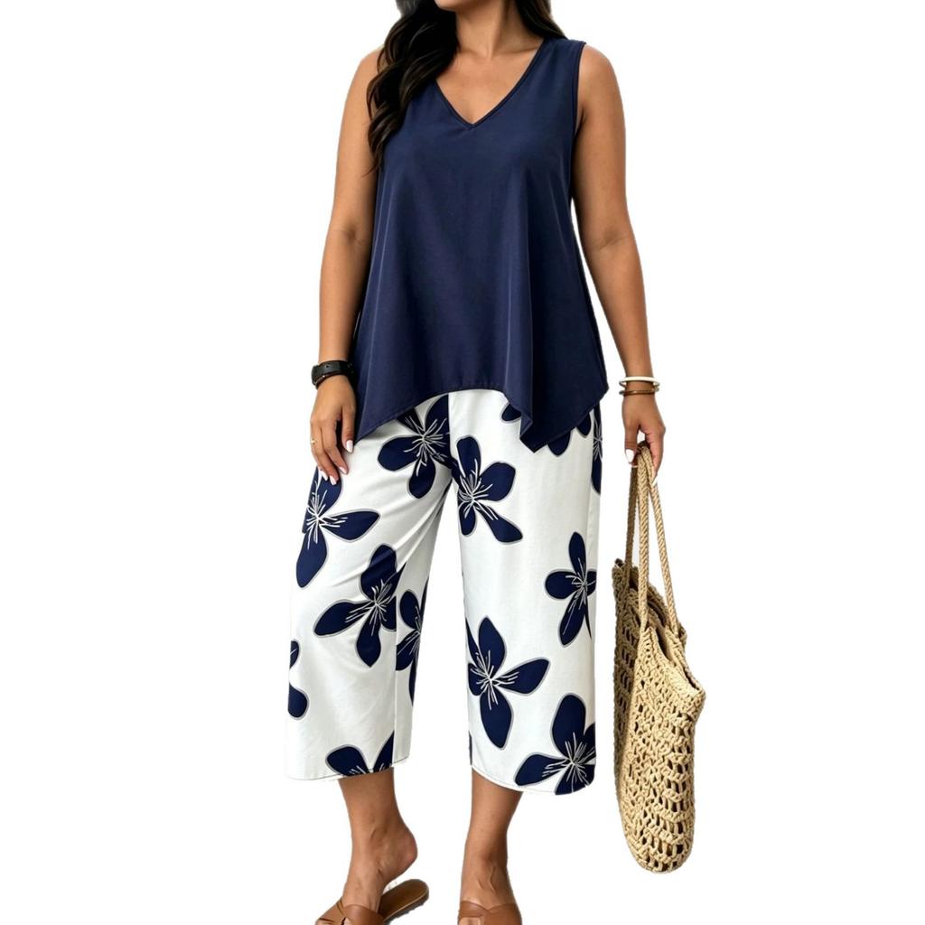 European and American cross-border TK Amazon Temu hot sale 2026 summer sleeveless V-neck top wide-leg cropped pants two-piece set
