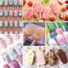 Silicone Popsicle Mold Set with 50 Wooden Sticks, 3 Compartments, Oval Shape, Purple, Ice Cream Molds for Homemade DIY Treats