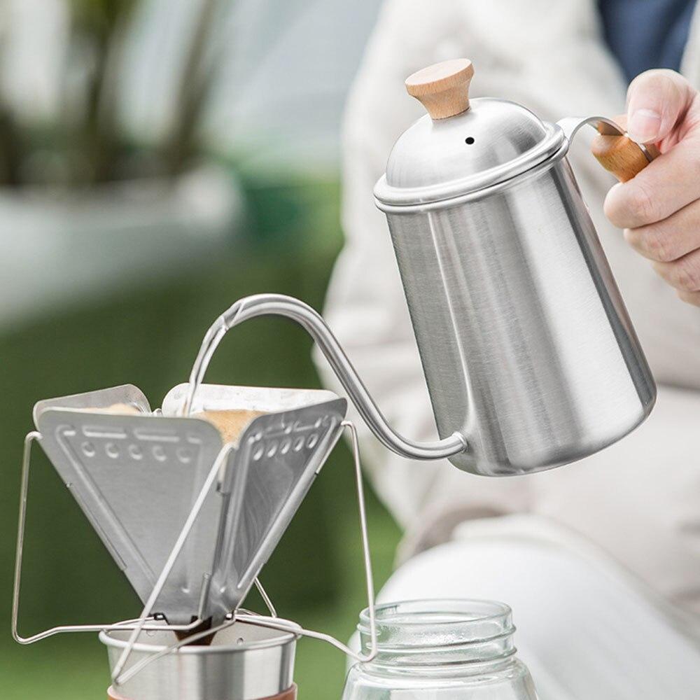 Outdoor Coffee Pot Stainless Tea Kettle Camping Tableware Wooden Handle 650ml Coffee Kettle Tea Pot Filter Cup Bean Grinder