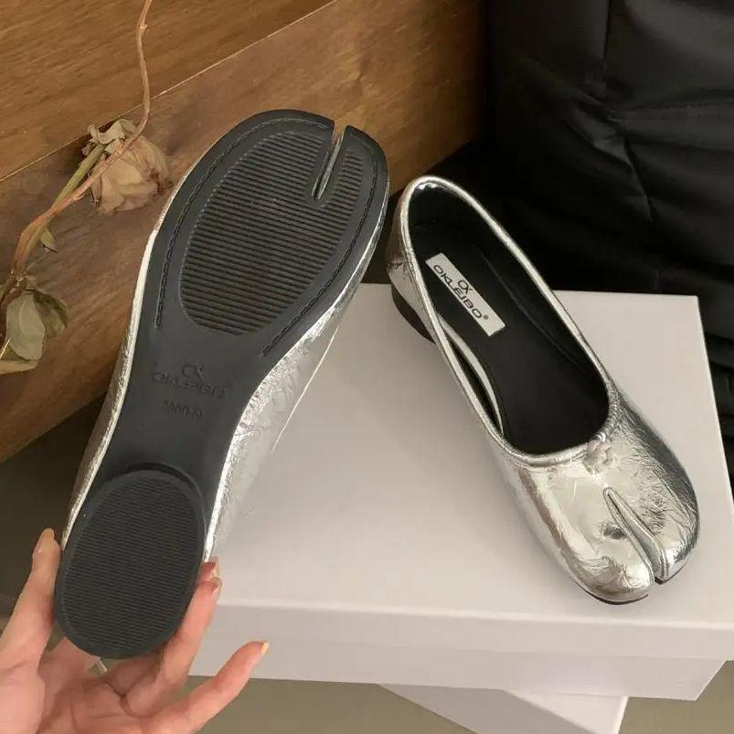Fashion IPPEUM Split Toe Shoes Gold Women Mary Janes Ballerina Flats Shoes Leather Dress Summer Silver Ballet Shoes