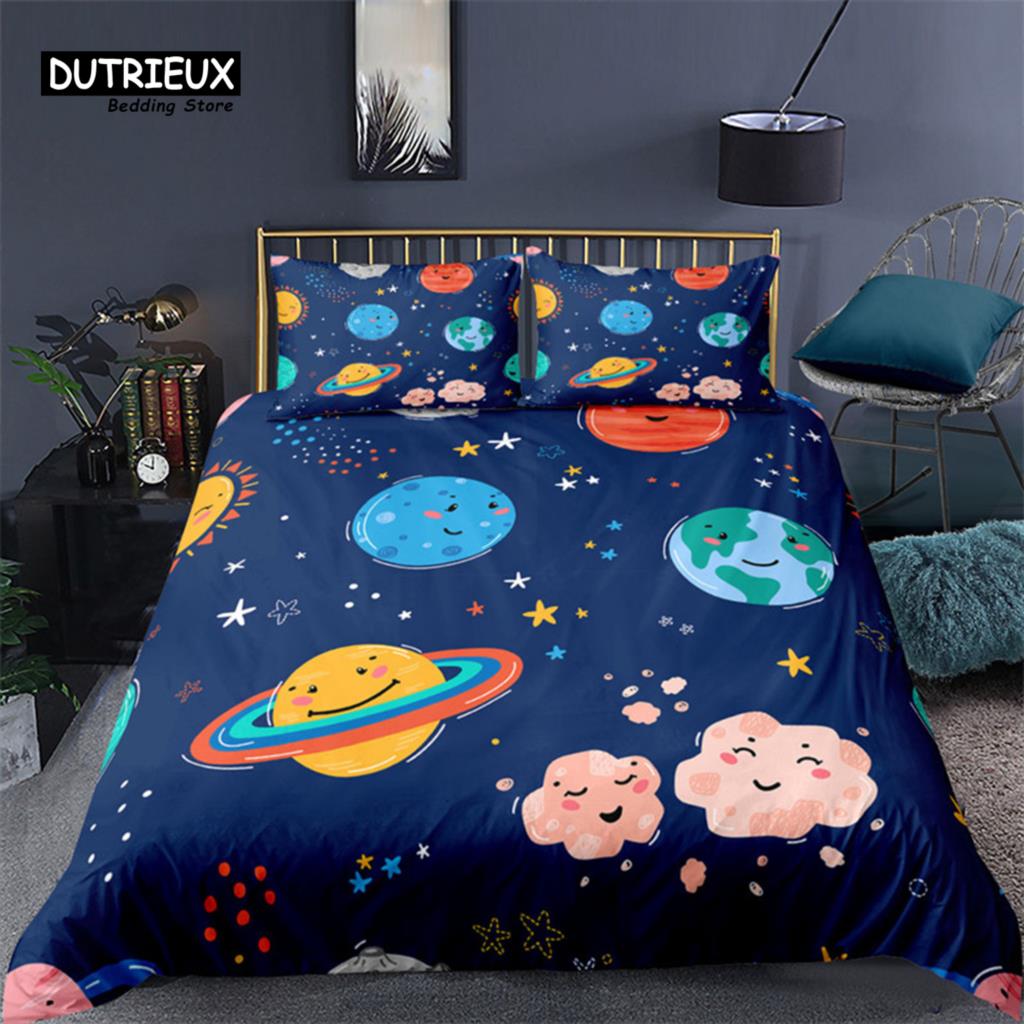 Cartoon Starry Sky Bedding Set Microfiber Romantic Universe 3D Print Duvet Cover For Kids Teen Boy Girl Festival Gift Room Decor