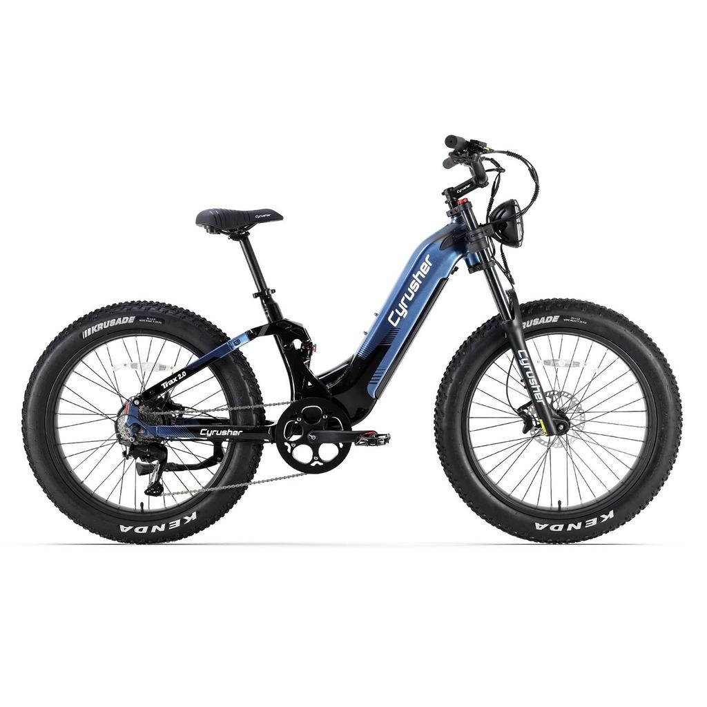 Cyrusher Trax 2.0 Blue/Orange/Gray 250W Bafang Motor, 52V 20Ah Battery, 26x4.0-inch Tires, 9-Speed Dual-Suspension Electric Mountain Bike