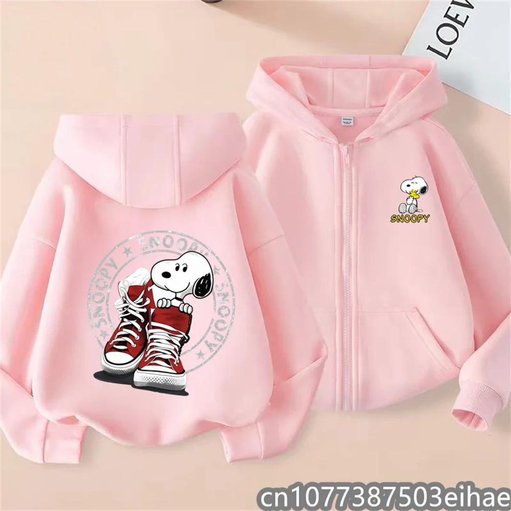 Boys Girls Spring Autumn Snoopy Cartoon Zipper Hooded Coat Kids Long Sleeve Casual Hooded Sweatshirt Printed Daily Zip Top