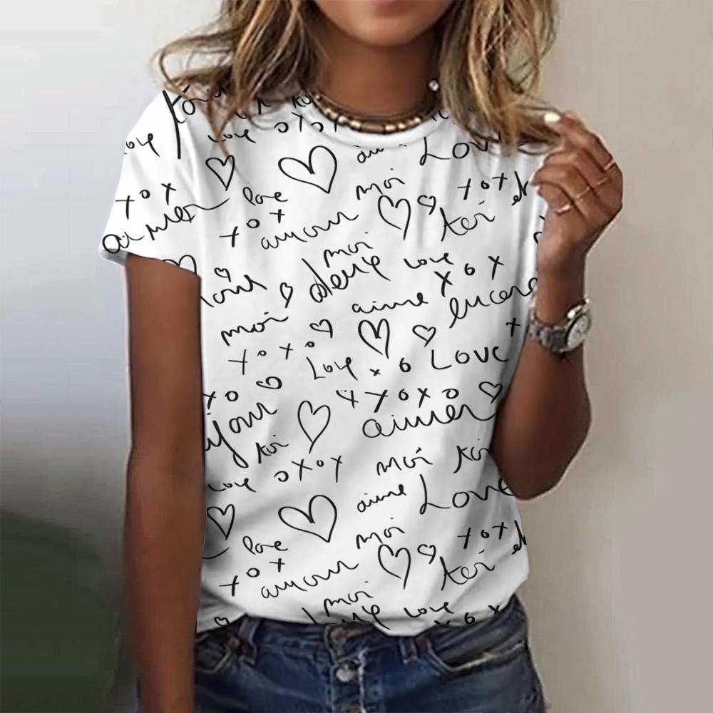 Summer retro letter 3D printed T-shirt women's short sleeved casual round neck T-shirt top Harajuku street T-shirt women's clothing