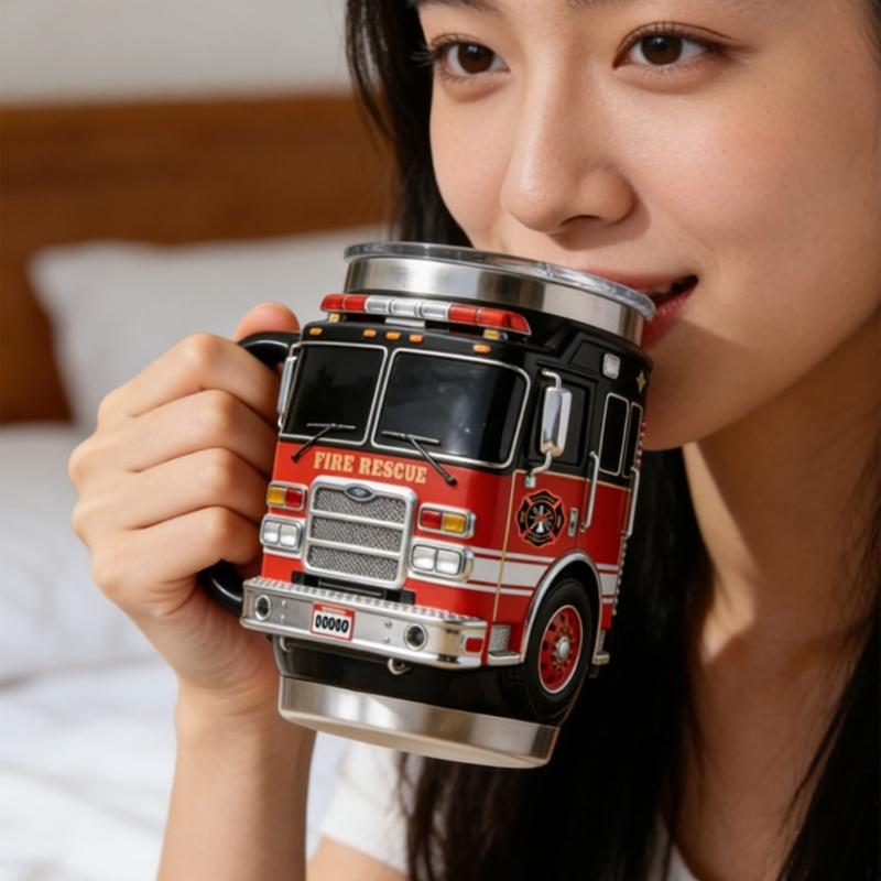 Portable Insulated Fire Truck Shape Coffee Cup with Detailed Design Drinking Cup Suitable for Gift Givings or Individual