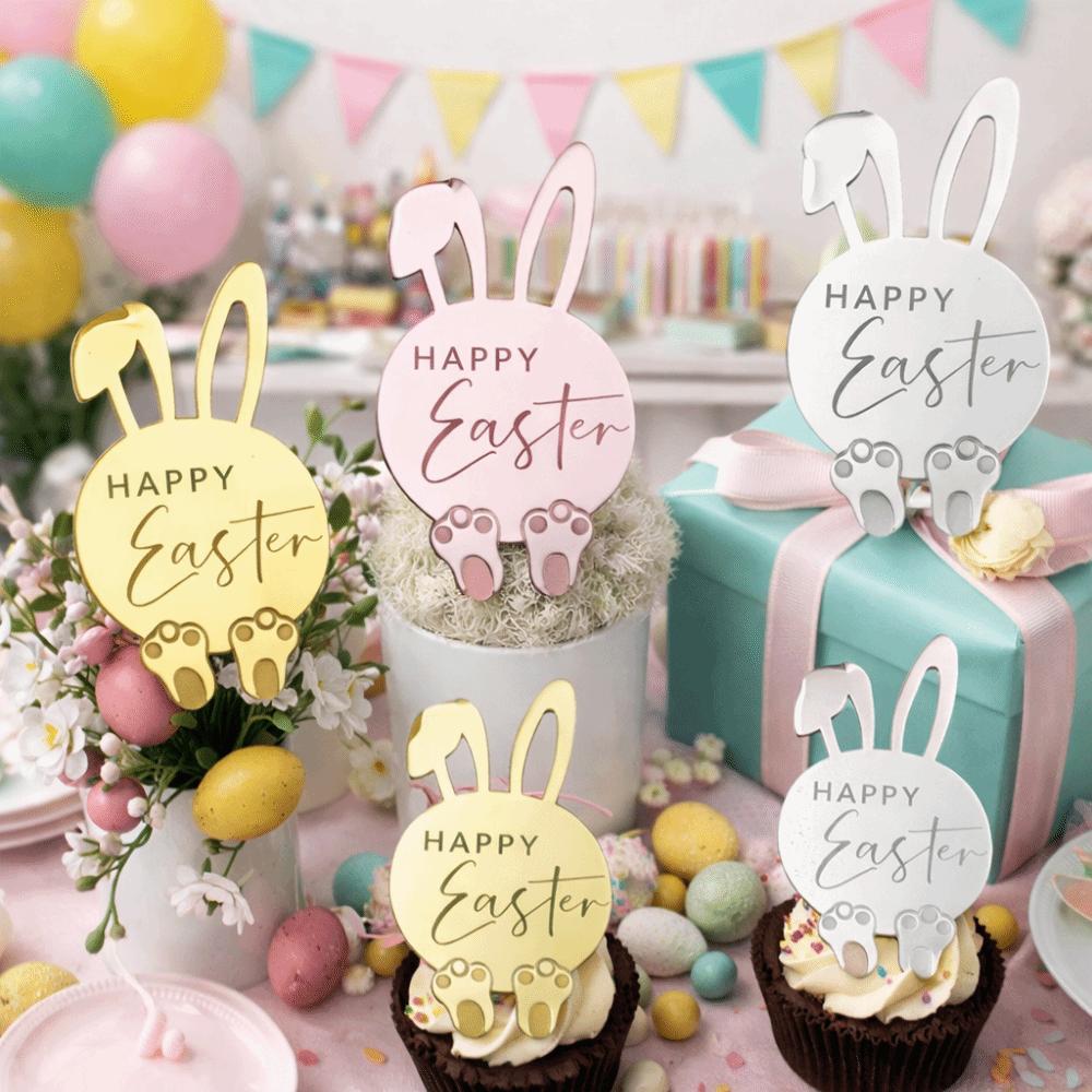 6pcs Acrylic Cupcake Decor Toppers Happy Easter Bunny Pattern Tags Rabbit Cake Toppers Easter Party