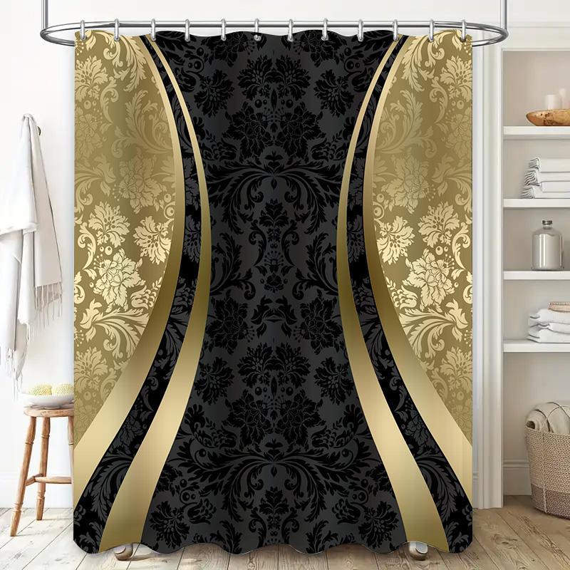 Luxury Plush Shower Curtains With Damask Print Gold Accents Black Beige Bath Decor For Home Bathroom Size 72 X 84 Inches (L) By