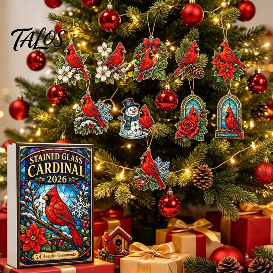 Christmas Tree Holiday Decorations Acrylic Advent Calendar Box with 24 Bird Themed Hanging Ornaments, Countdown Festive Decoration for Home Window And