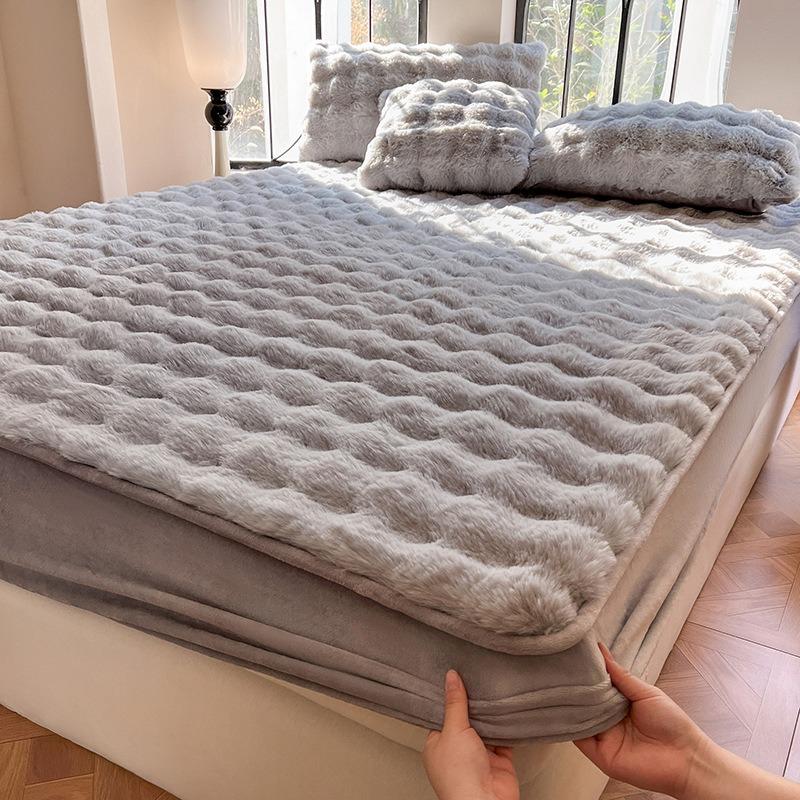 Winter Warm Plush Fitted Sheet Mattress Cover Fluffy Faux Rabbit Fur Bed Protector with Elastic Band for Home Hotel Drap De Lit
