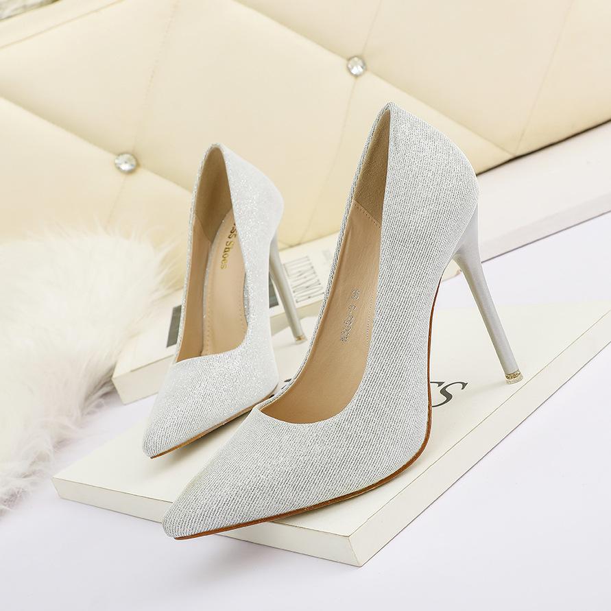 

No.55 Женская мода Заостренный неглубокий рот Высокие каблуки Банкет Сексуальный тонкий каблук Блестки Одиночные туфли