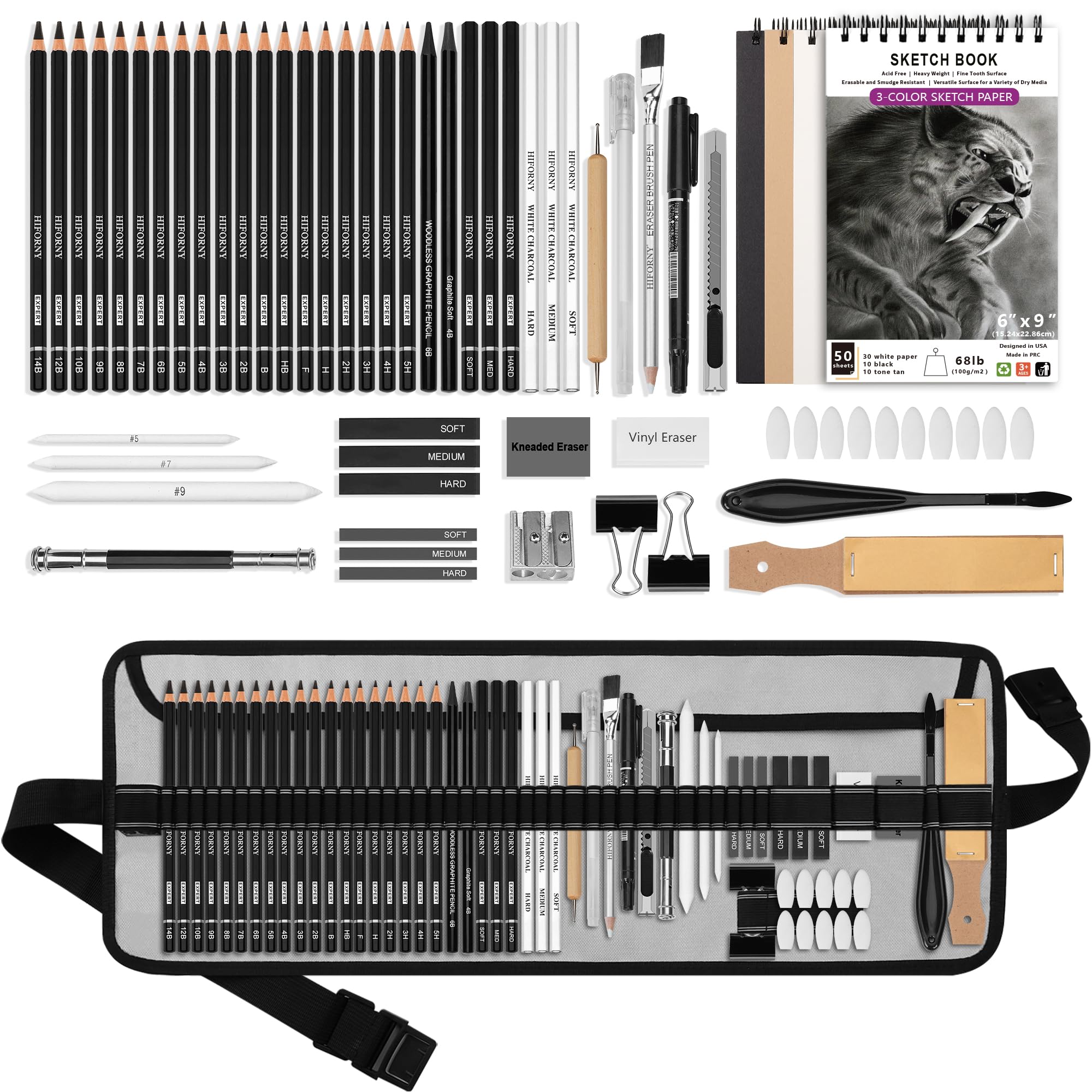 

HIFORNY Drawing Kit with Sketching Pencil Art Supplies for Adults and Artists with and Drawing Pencils 60-Piece Set, 3-Color Sketchbook, Graphite, чёрный