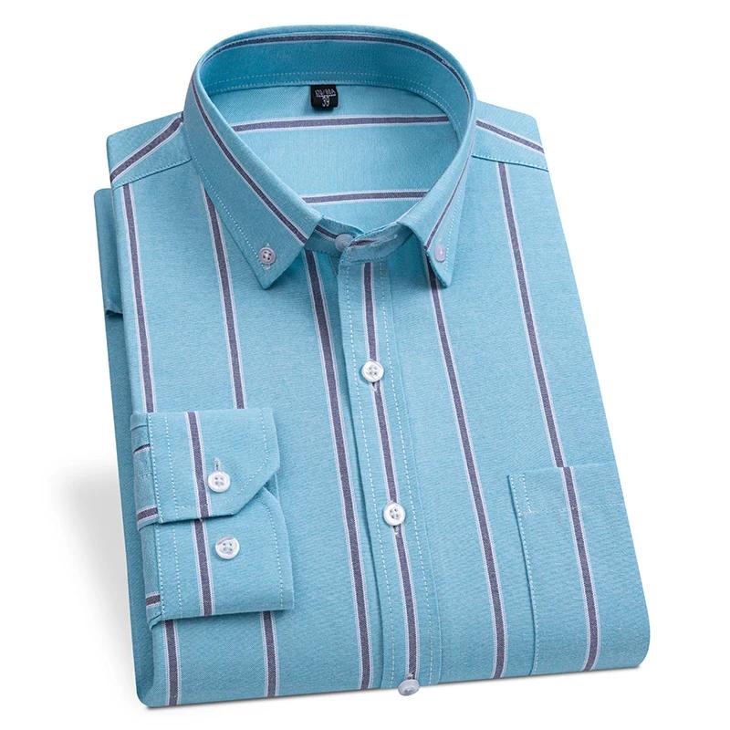 Herrrutig Casual Långärmad Skjorta Oxford Enkel Bröstficka Randig Ny Mode Affärssmart Skjorta Herr Topp Kläder