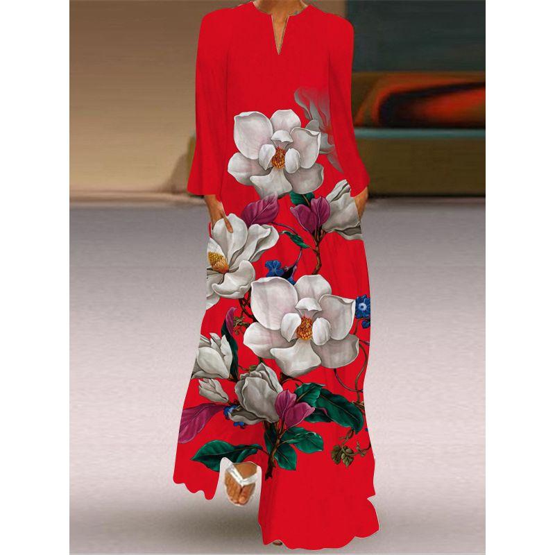 2025 Autumn New Women's Big Red Dress V Neck Long Sleeves Pocket Dress Stage Show Performance Costume