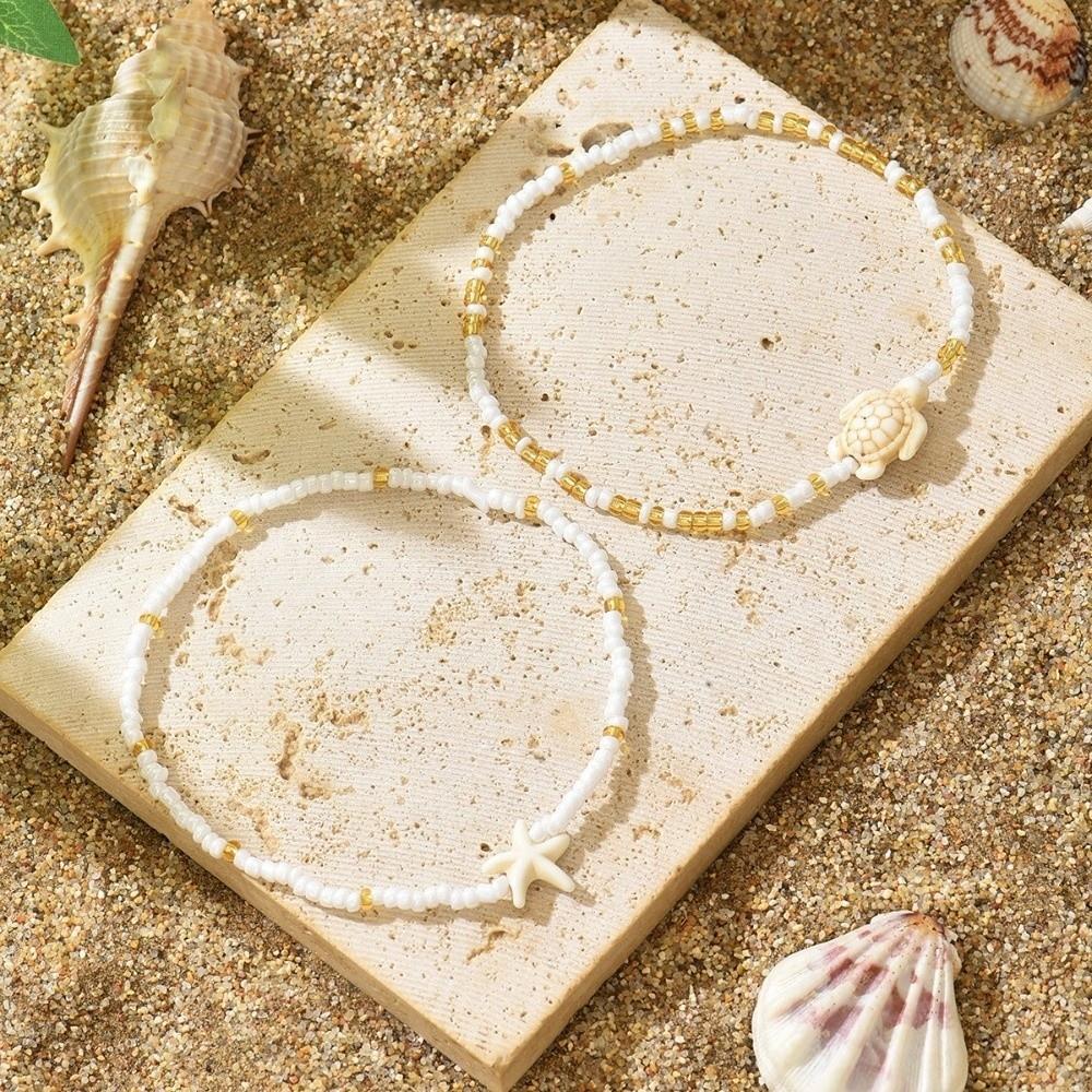 2Pcs Starfish Beaded Beaded Anklets Chain Set Bohemian Style Foot Bracelets  Jewelry Accessories