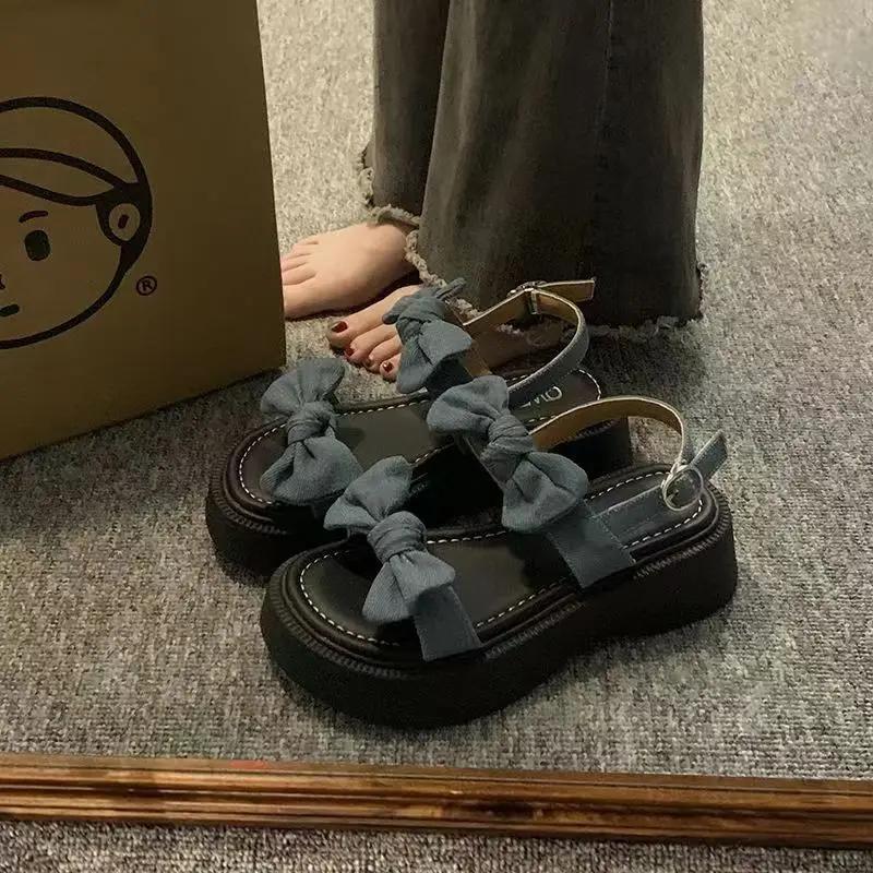 Fashion Platform One Word Blue Sandals for Women Outdoor Roman Style Bow Footwear Ladies Shoes Summer 2024 Trend Casual Comfort On Offer