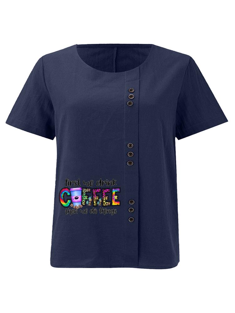 Women's Fashion Coffee Alphabet Print Printing Shot Sleeve T-shirt Loose Cotton Shirt Casual Loose Summer Plus Size Blouse Tops