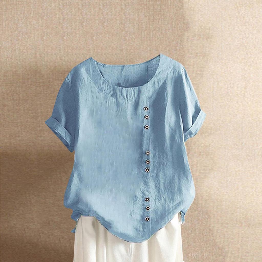 2024 Women's European & American Fashion Short Sleeve Casual Cotton Linen Top with Button Detail