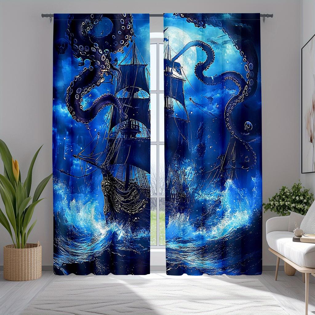 2pcs Pirate Ship Window Curtains   Fantasy Sea Monster & Skeleton Ship Decor & Room