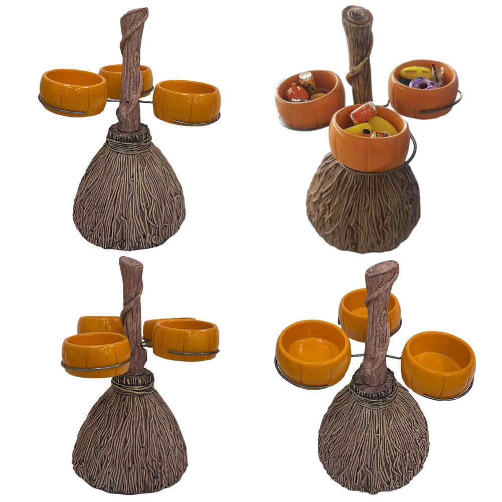 Halloween Broom Pumpkin Cup Separator Three Cups Accommodable Broomstick Snack Bowl Rack for Serving Snacks Salad Fruit