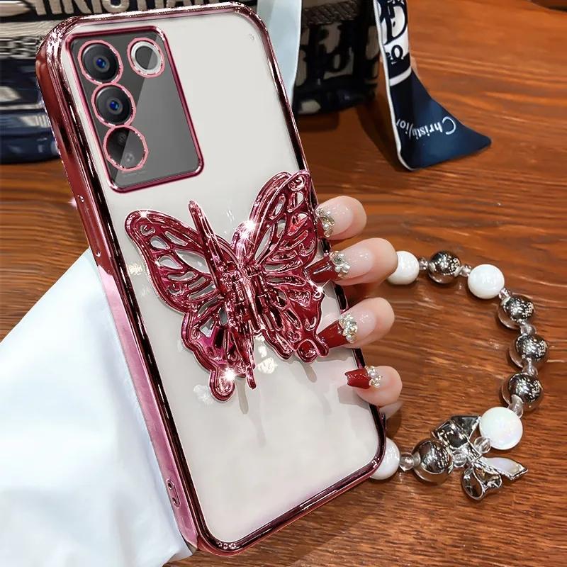 3D Butterfly Phone Holder Bead Bracelet Glitter Plating Case for Samsung Galaxy S24 S23 S22 S21 S20 FE Ultra S10 Plus Cover