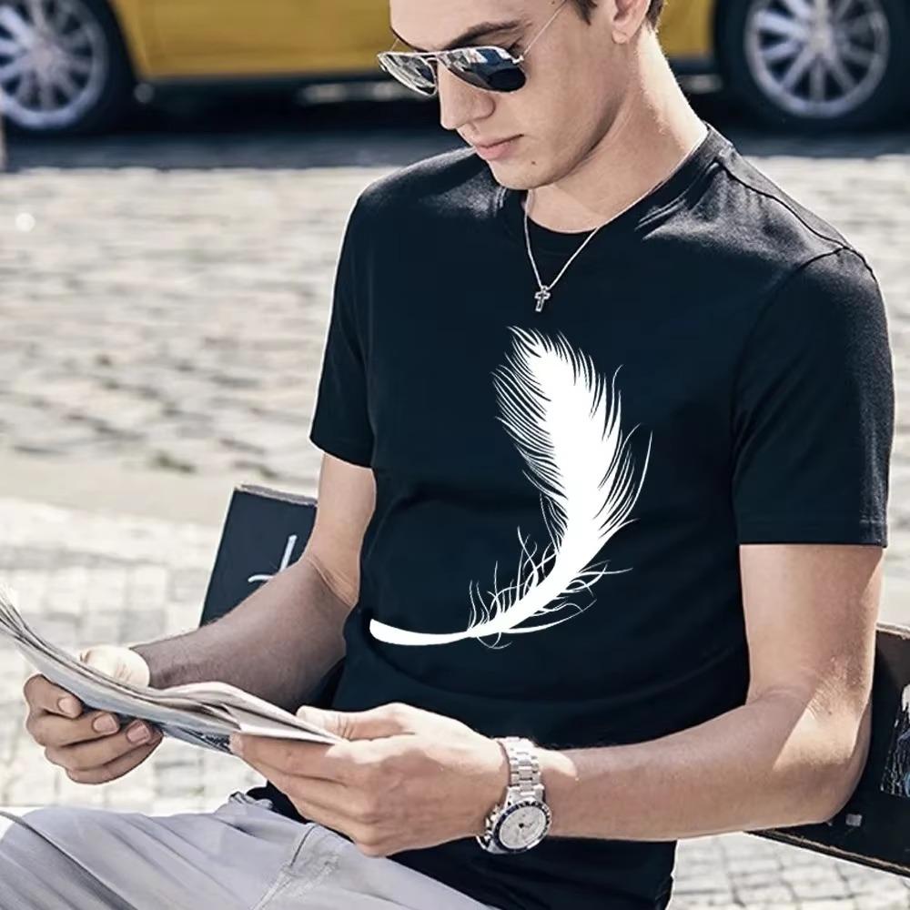 2023 Summer Men Clothes Short-sleeved T-shirt Casual Breathable Male Clothing O-Neck T Shirt Feather Printed Fashion New Tops