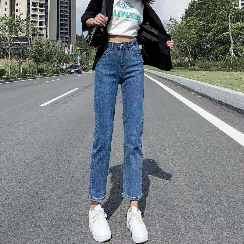 Jeans da donna a vita alta blu-grigio dritti a sigaretta, taglia grande, slim-fit, elasticizzati, lunghezza alla caviglia
