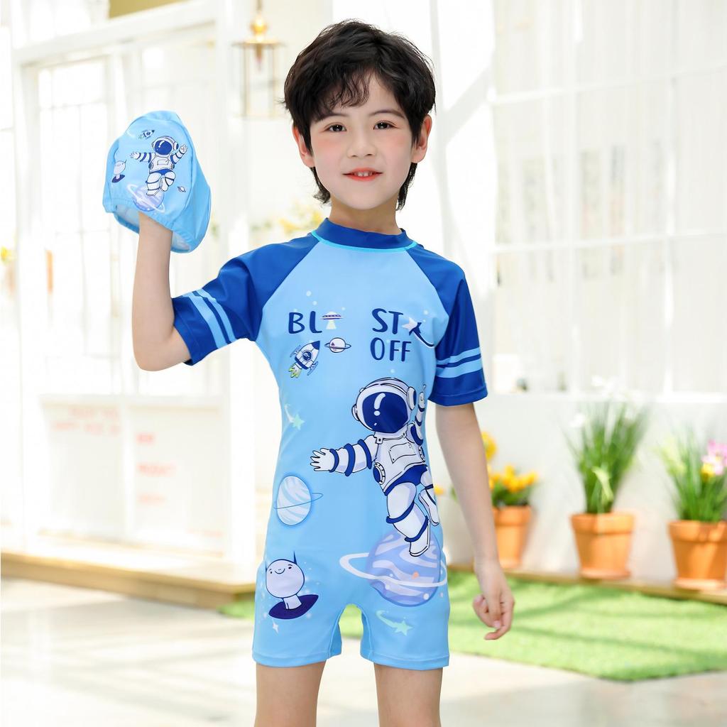 New Boys' One-Piece Cartoon Swimsuit: Cute, Quick-Drying Sun Protection for Toddlers to Big Kids