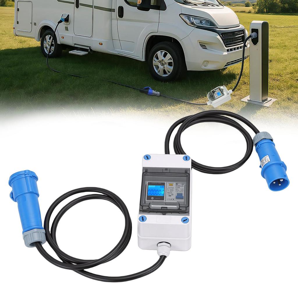 Mobile Digital Electricity Meter 16A Intermediate Meter Power Outdoor KWH Meter with CEE Plug 1P N Leakage Protector 1.  Cable for RV Home