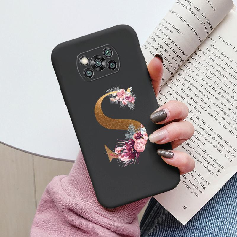 Letter Case For Poco X3 NFC PocoX3 Pro Back Cover Retro Flowers Pink Black Soft TPU Initial Fundas For Xiaomi Poco X 3 Pro Coque