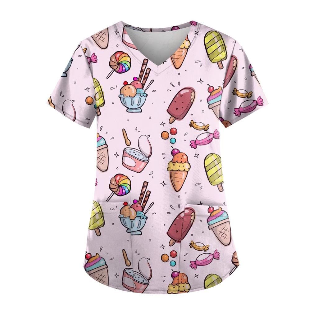 Plus Size Printed Scrub Working Uniform Tops For Women's V-Neck Short Sleeve Fun T-Shirts Workwear Tee With Pockets