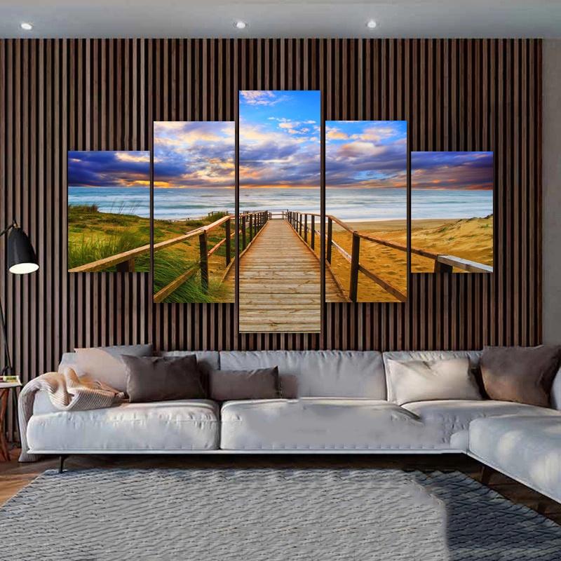 5 Panels Wood Bridge Posters Wall Art Landscape Beach Home Decor Sunset Canvas Prints Natural Painting Modern Pictures NO FRAME