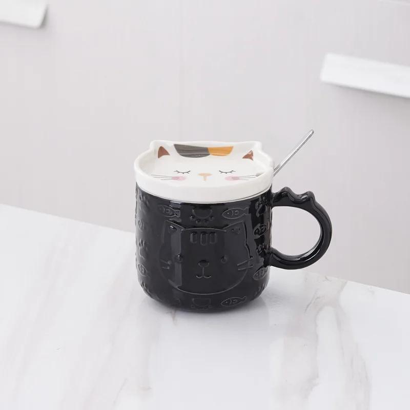 350ML Japanese Cartoon Cat With Cover Coffee Cup Cute Breakfast Cup Creative Coffee  Mug Milk  Mug Couple Water Mug With Lid