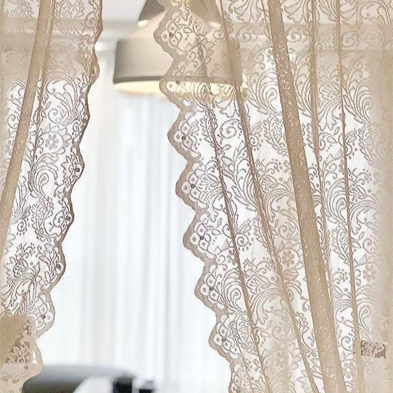 Beige Lace Curtains Vintage Short Sheer Floral Curtains for Bedroom French Country Rod Pocket Light Filtering Scalloped Edges Decor Natural Beige