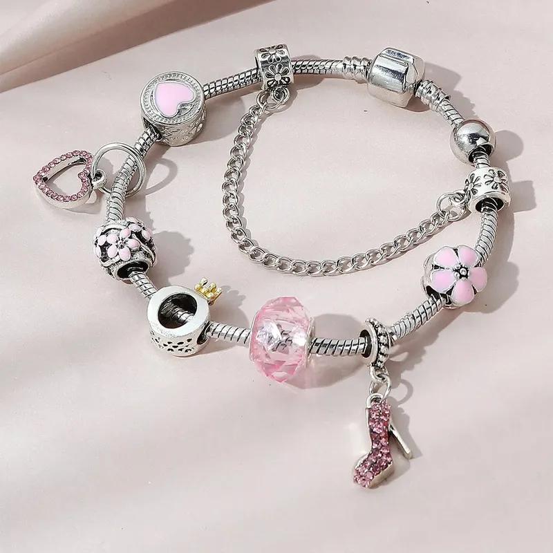 1 Women's Pan Family DIY Multi Element Bracelet with Diamond High Heels Peach Heart Pendant and Snake Bone Chain Bracelet