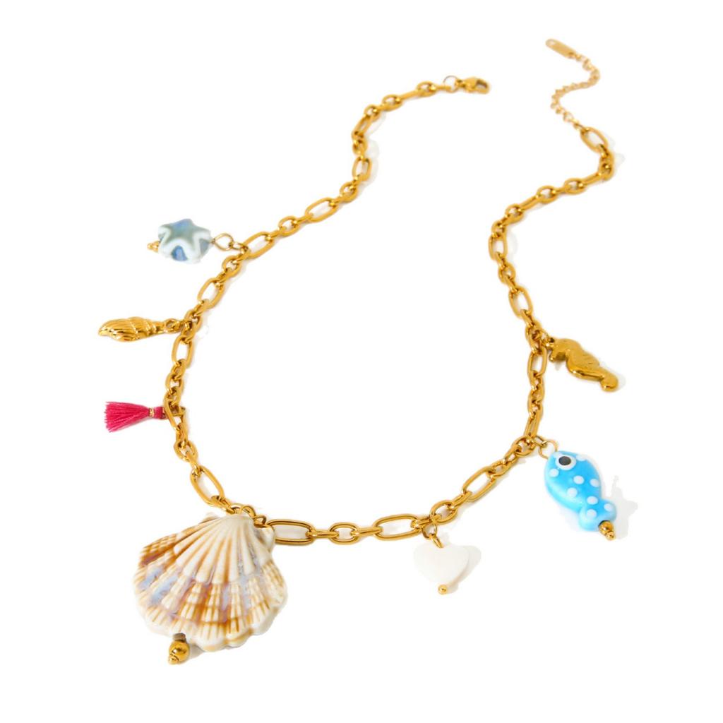 European and American ceramic tropical fish shell fringed pendant necklace stainless steel plated 18k gold waterproof collarbone chain female