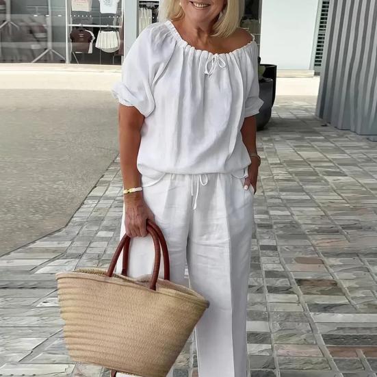 Summer Cotton Linen 2 Piece Outfits for Women Casual Short Sleeve Drawstring Crew Neck Top And Wide-Leg Pants Lounge Matching Set