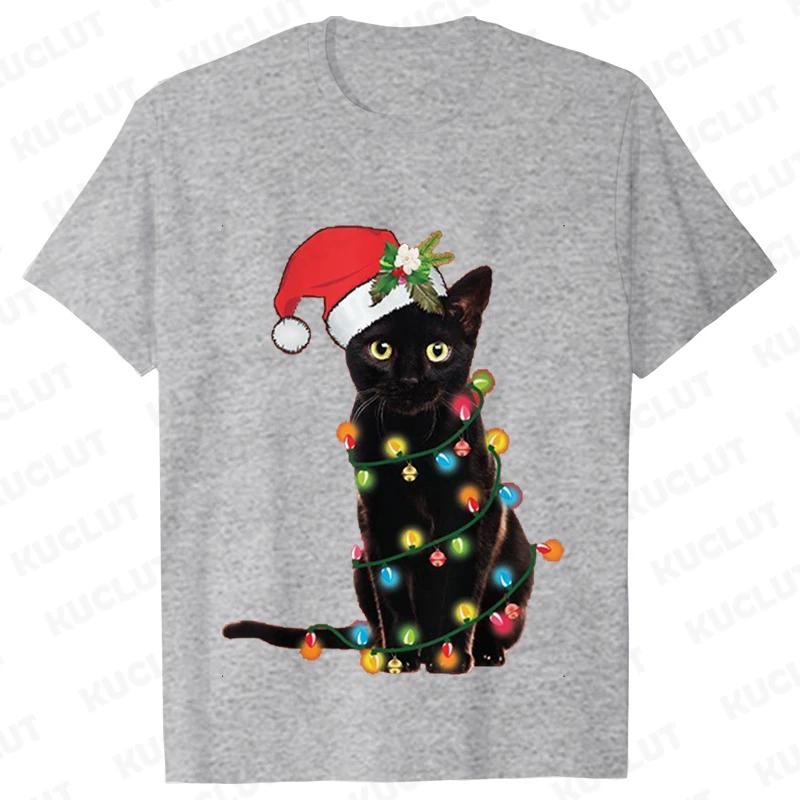 Fashion Trendy T Shirt Short Sleeve Tees for Unisex Funny Christmas Lights Cat T Shirts Female Korean Casual Streetwear Tshirt
