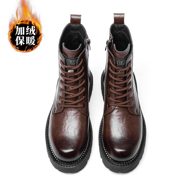 Martin boots men's leather British style tooling boots trendy autumn and winter new high-top velvet leather boots thick-soled thermal cotton