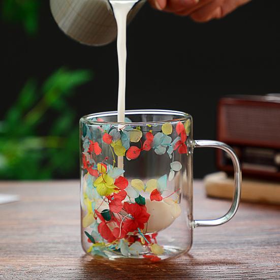Double Wall Glass Coffee Mug with Handle Colorful Petal Design Tumbler Creative Insulated Cup for Hot
