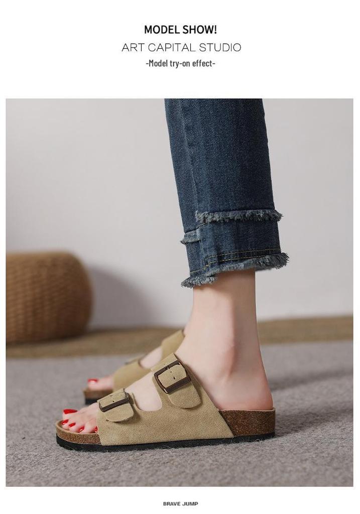 Women's Retro Genuine Leather Birkenstock Shoes, Inner Height-Increasing, Single Strap Beach Slippers, Sizes 35-46 Available