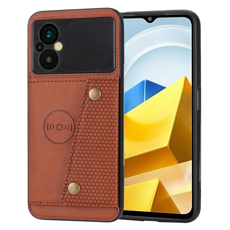 

Чехол для телефона Xiaomi Poco M5 4G с двумя кнопками и слотами для карт, магнитный держатель, встроенный металлический лист с кожаным покрытием, чехол-подставка из ТПУ