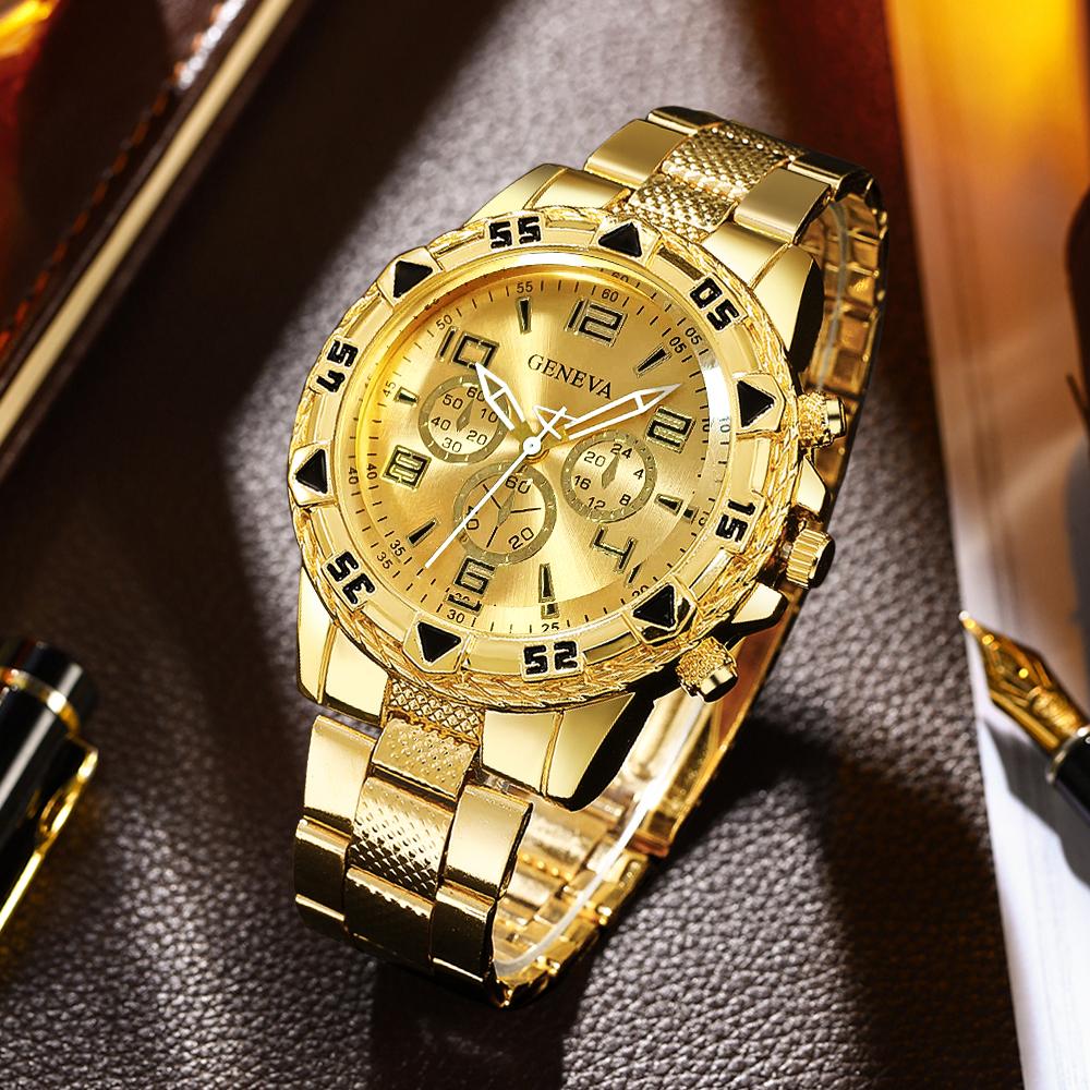 4pcs/set Men's Watches Fashion Arabic Dial Steel Band Quartz Watch Set
