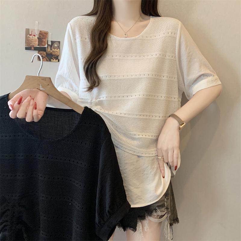 2026 Plus Size Women's Ice Silk Knit Print T-Shirt - Spring/Summer Collection, Loose Fit, Slimming, Short Sleeve
