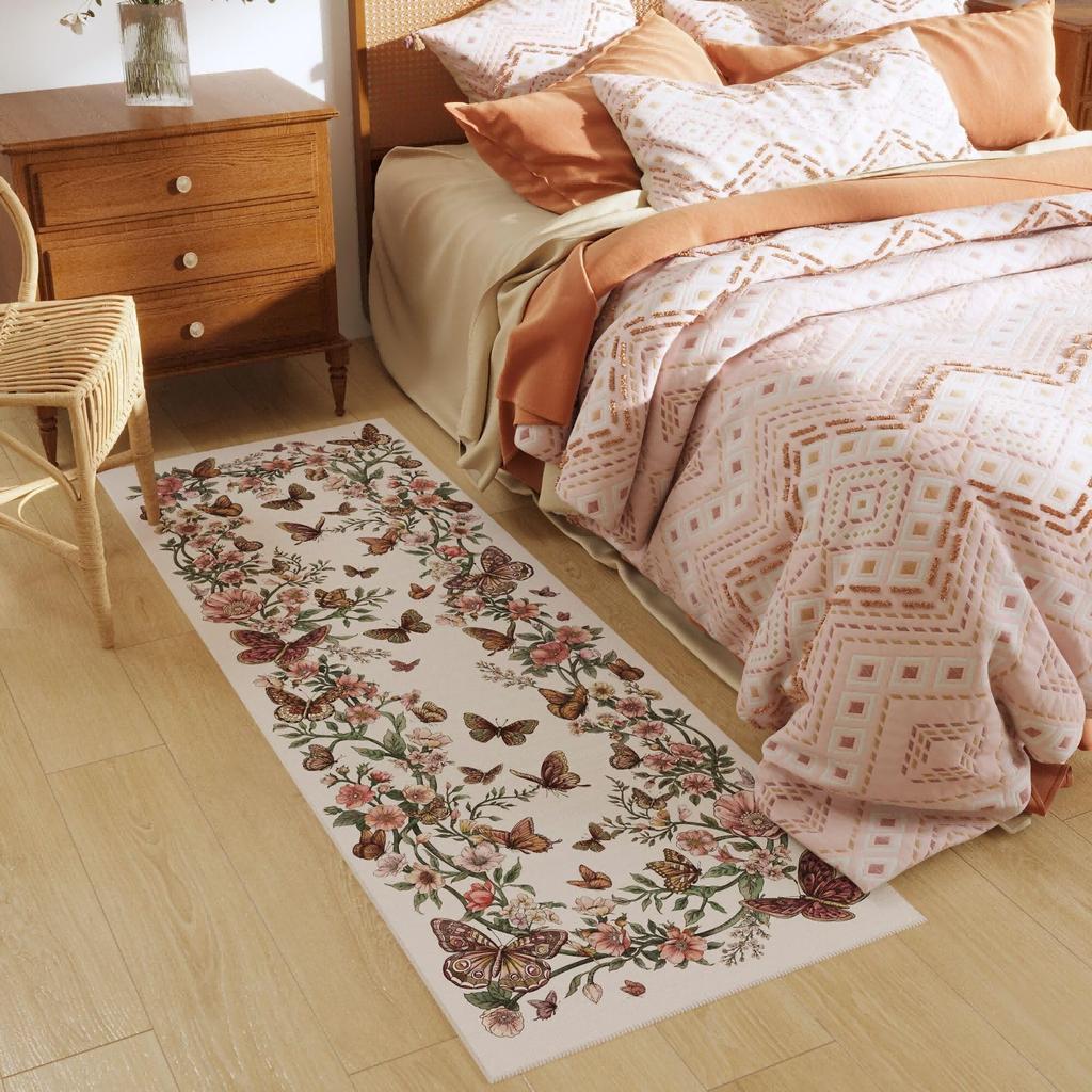 American-Style Floral Carpet, Moisture-Proof, Machine Washable, Hallway Rug, Bedroom Bedside Rug, Home Decoration
