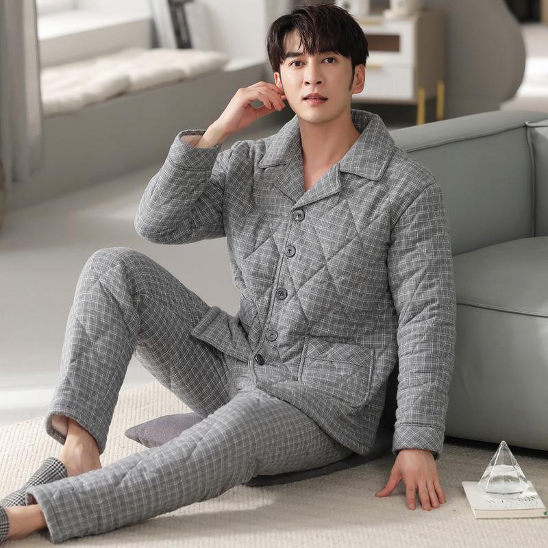 Pajamas Men'S Winter Three-Layer Thickened And Velvet Woven Pure Cotton Padded Autumn And Winter Mid-Dad Warm Loungewear